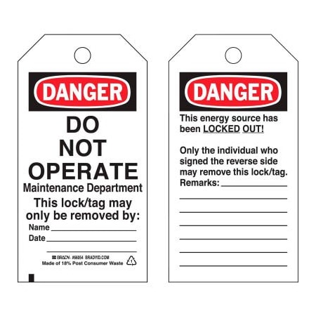 Brady Brady 65521 Lockout Tag- Danger Do Not Operate, 2 Sided, Cardstock, 25/Pack 65521
